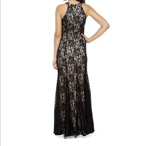r & m richards sleeveless halter neck lace evening gown